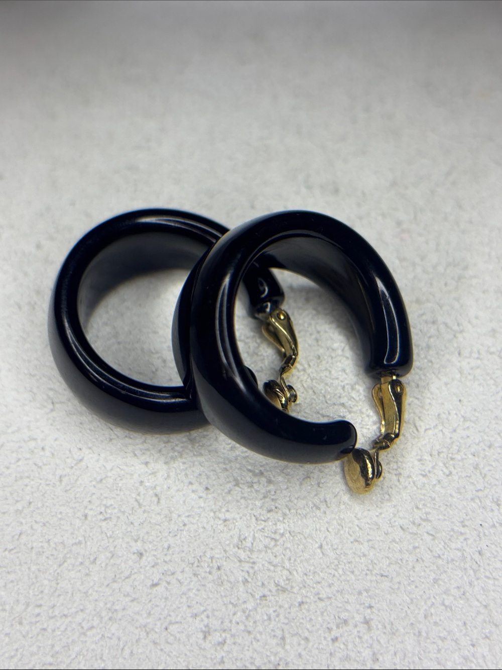 Trifari Black Acrylic clip on hoop earrings